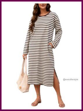 Women's Striped Midi T-Shirt Dress Long Sleeve Crewneck Shift Pocket